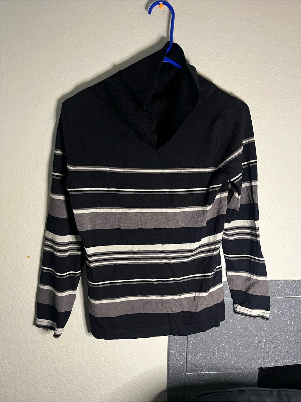 Rafaella Black, Gray and White Striped Turtleneck Sweater